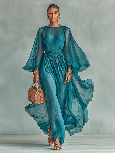 Maxi Jurk van Chiffon met Ronde Hals en Lange Mouwen voor Dames, met Verstelbare Taille