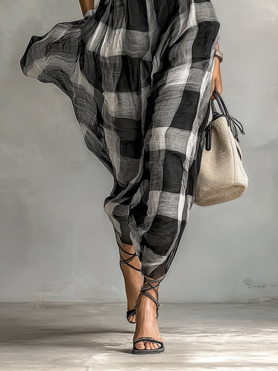 Maxi Jurk in Geruite Chiffon met Hoge Hals en Korte Mouwen