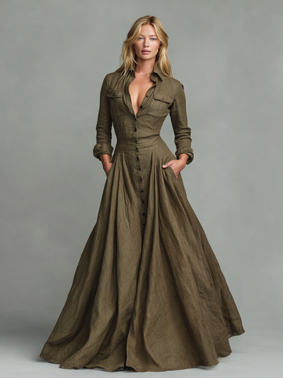 Maxi Vintage Jurk in Katoen en Linnen voor Dames met Overhemdontwerp