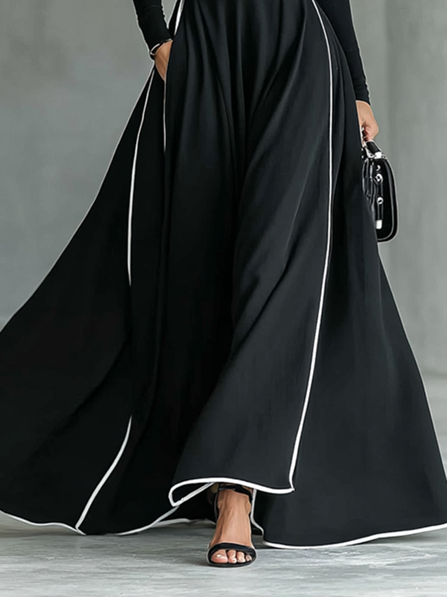 Zwarte Maxi Jurk met Witte Stiksels, Hoge Hals, Lange Mouwen en Strakke Taille