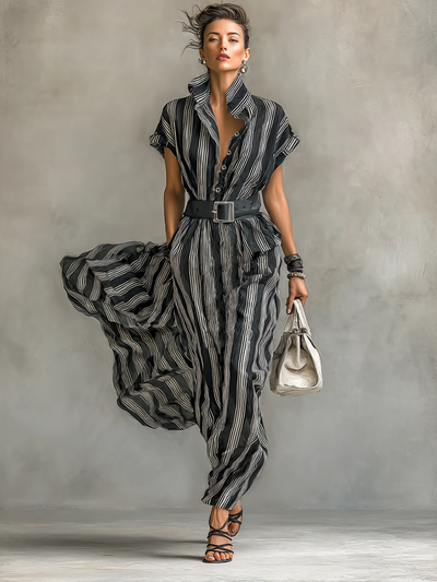 Maxi Chiffon Gestreepte Jurk met Kraag en Korte Mouwen voor Dames met Ceintuur