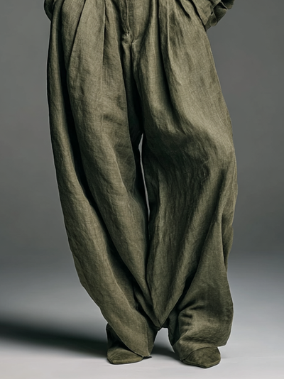 Set van Twee Stukken Dames in Katoen en Linnen met Lange Mouwen Blouse en Wijde Pantalon