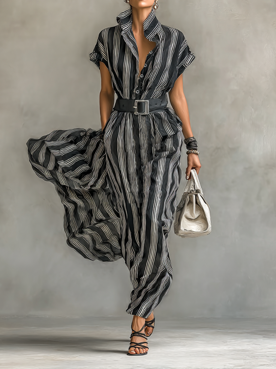 Maxi Chiffon Gestreepte Jurk met Kraag en Korte Mouwen voor Dames met Ceintuur