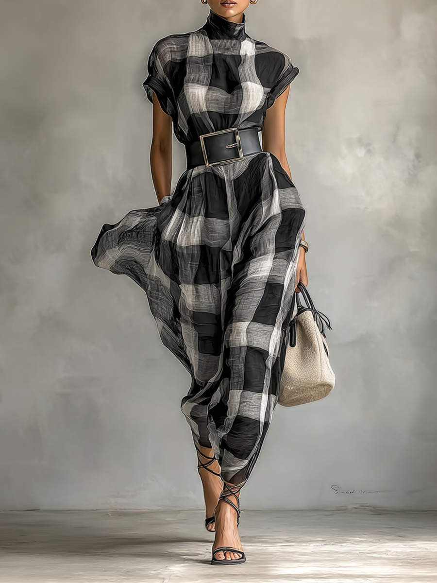 Maxi Jurk in Geruite Chiffon met Hoge Hals en Korte Mouwen