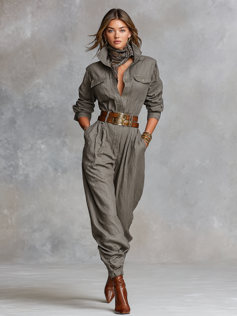 Katoenen en Linnen Lange Mouwen Overhemd Jumpsuit