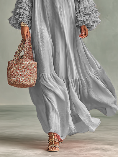 Maxi Jurk in Geplooid Chiffon voor Dames met Lange Mouwen en Ruches