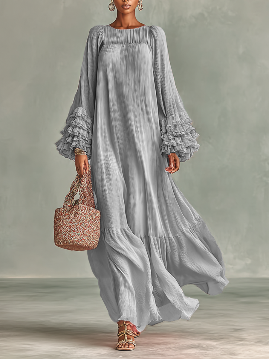 Maxi Jurk in Geplooid Chiffon voor Dames met Lange Mouwen en Ruches