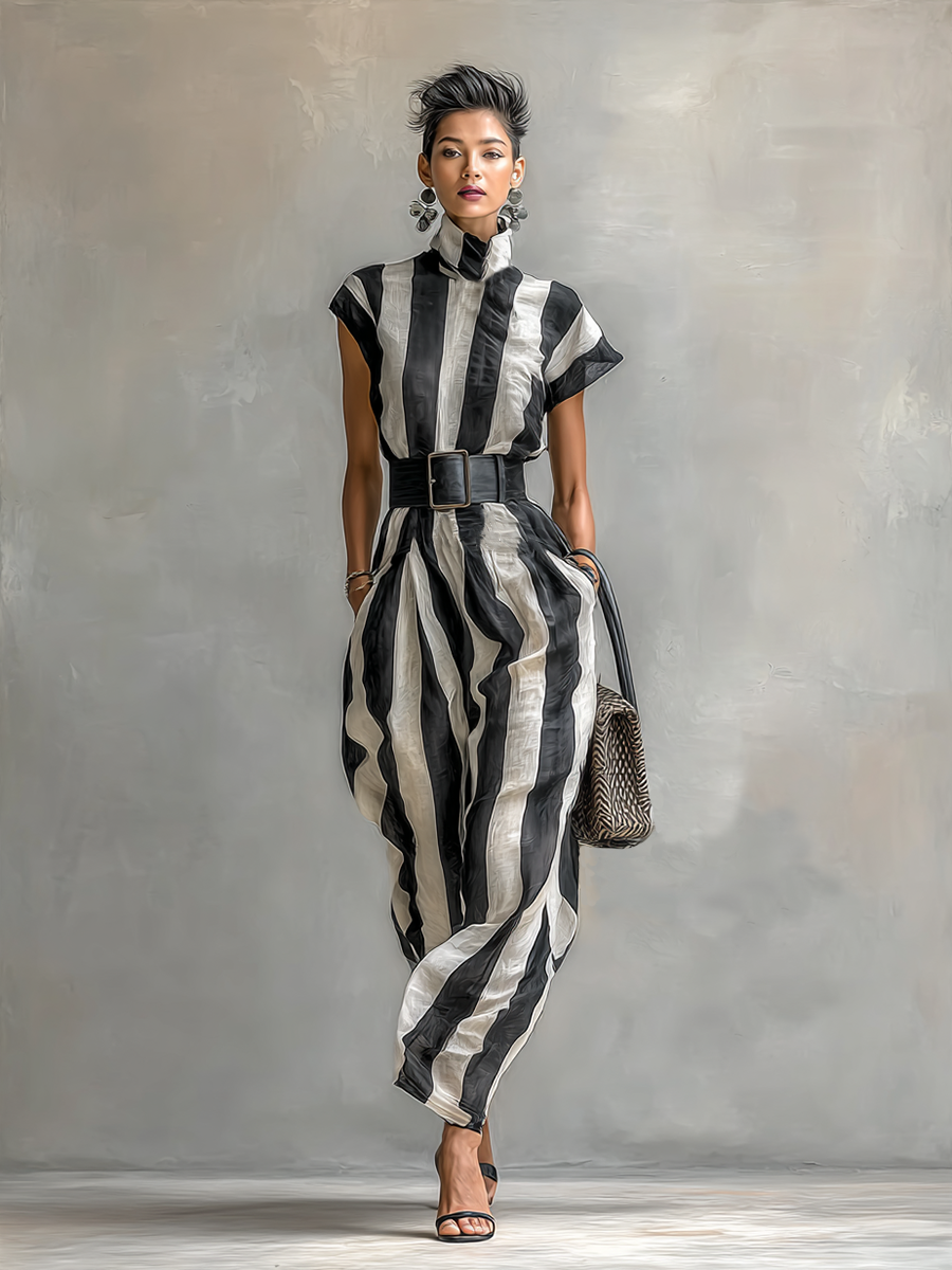Maxi Jurk van Chiffon met Hoge Hals en Korte Mouwen