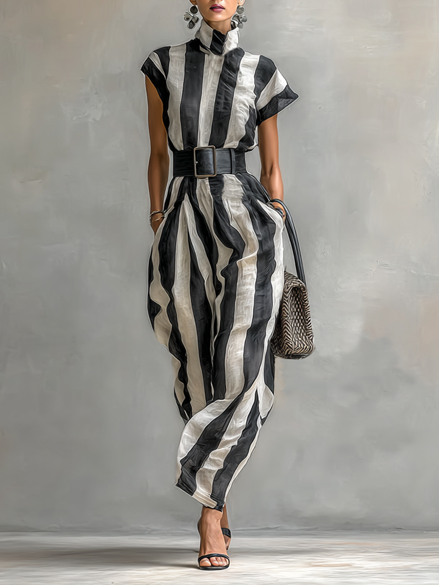 Maxi Jurk van Chiffon met Hoge Hals en Korte Mouwen