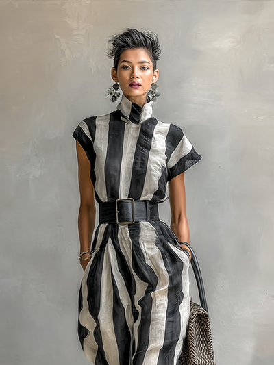 Maxi Jurk van Chiffon met Hoge Hals en Korte Mouwen