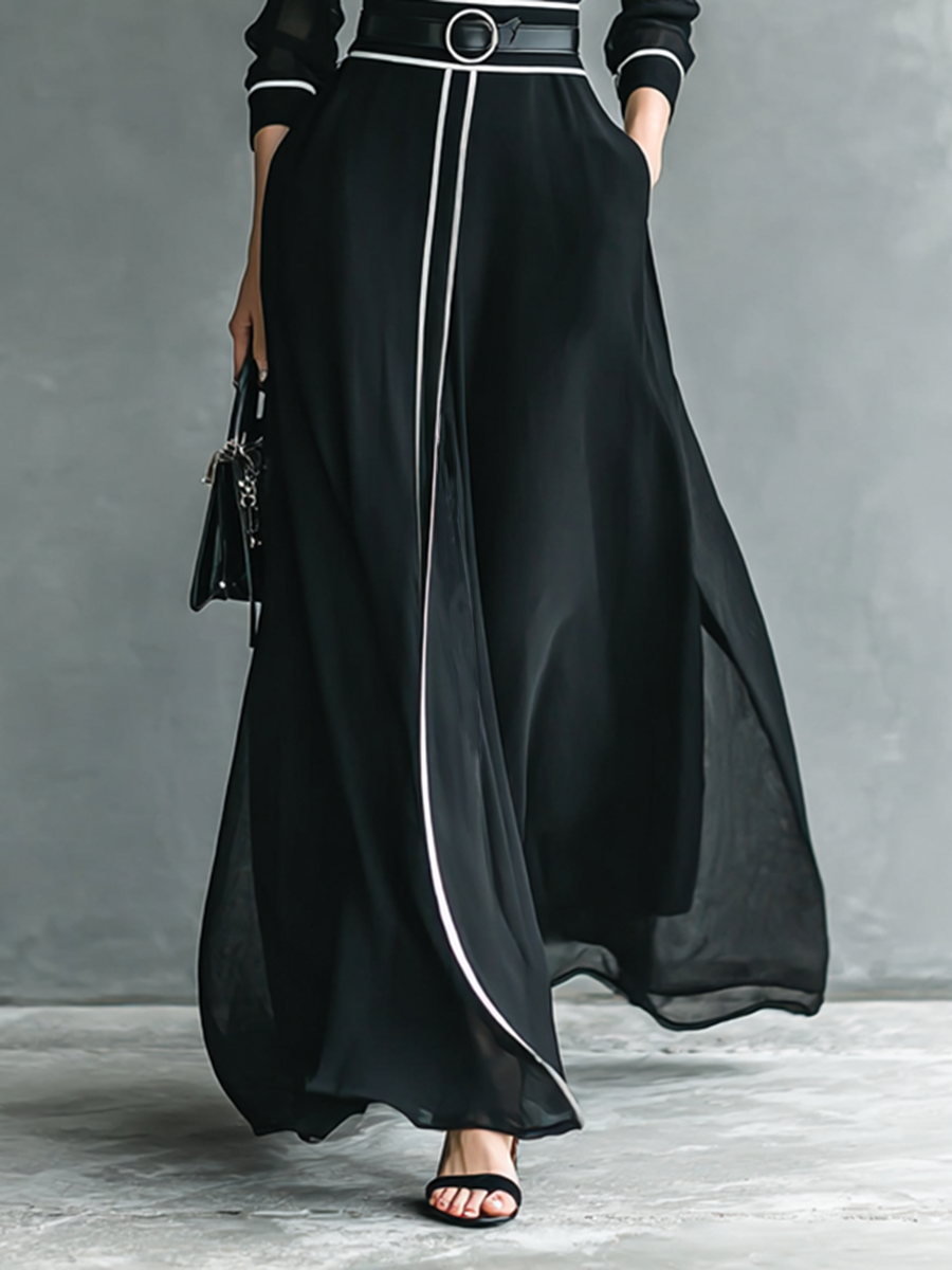 Maxi Jurk in Chiffon met Hoge Hals en Lange Mouwen voor Dames met Witte Rand
