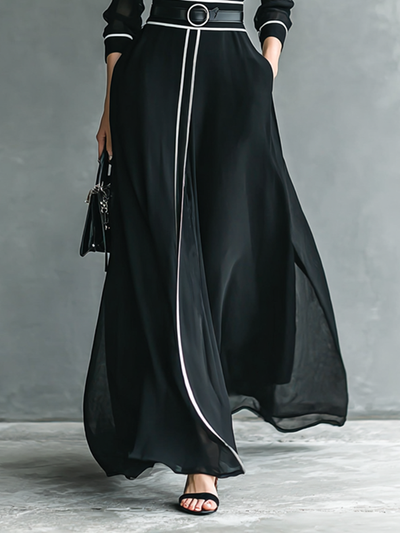 Maxi Jurk in Chiffon met Hoge Hals en Lange Mouwen voor Dames met Witte Rand