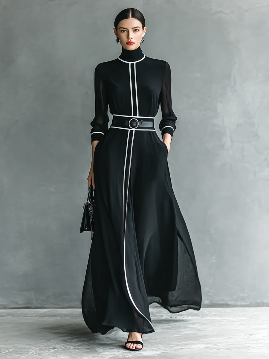Maxi Jurk in Chiffon met Hoge Hals en Lange Mouwen voor Dames met Witte Rand
