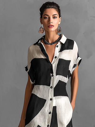 Maxi Blouse Jurk in Chiffon voor Dames met Irreguliere Geometrische Print en Reverskraag, Korte Mouwen, Enkele Knop