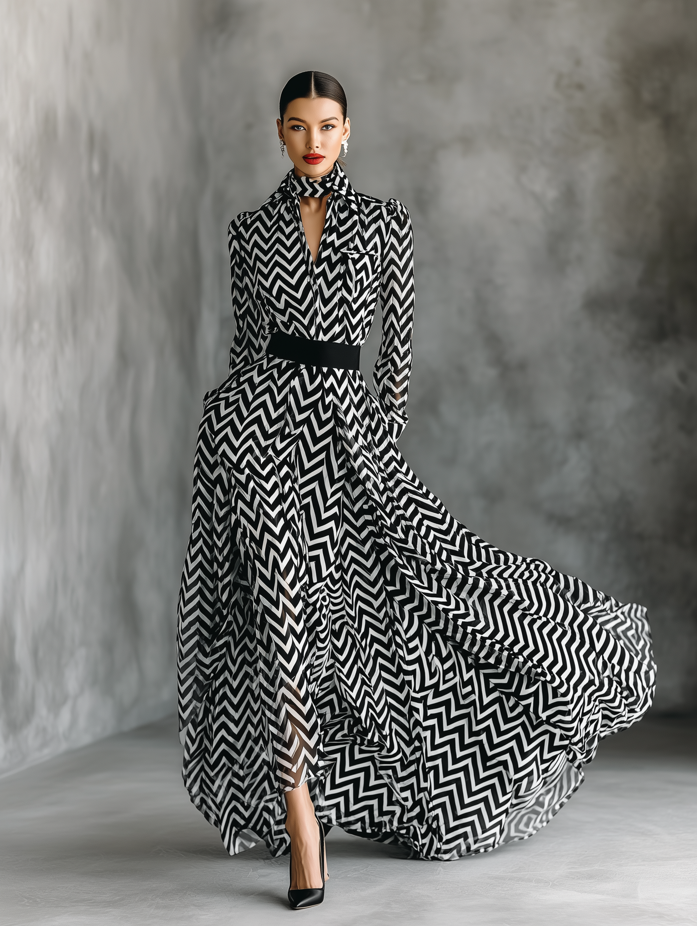 Maxi Jurk in Chiffon met Zwart-witte Strepen