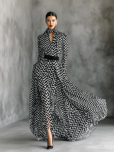 Maxi Jurk in Chiffon met Zwart-witte Strepen
