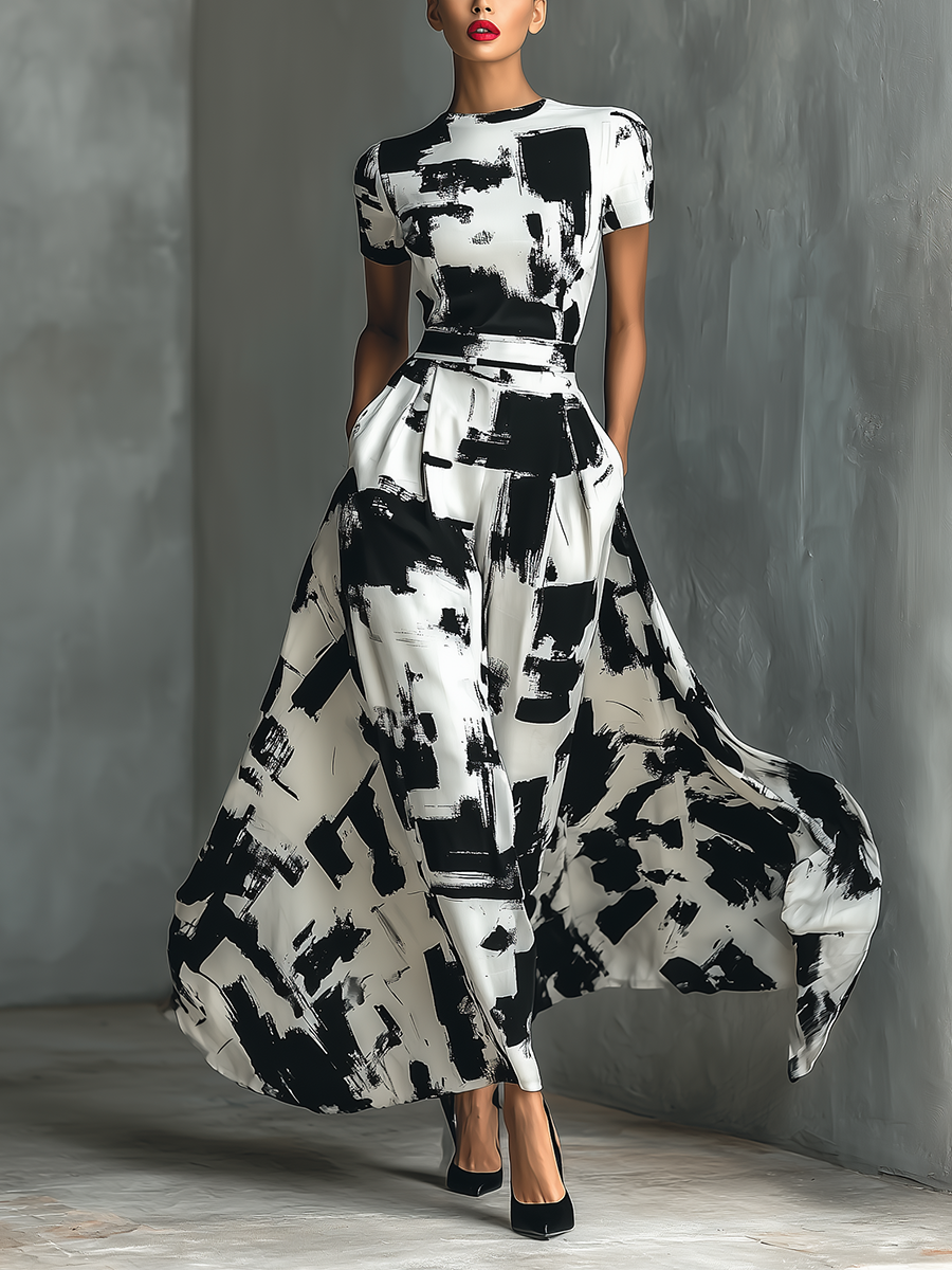 Maxi Jurk met Korte Mouwen en Abstracte Print