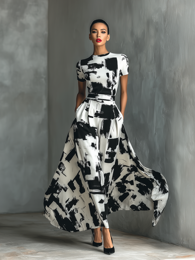 Maxi Jurk met Korte Mouwen en Abstracte Print