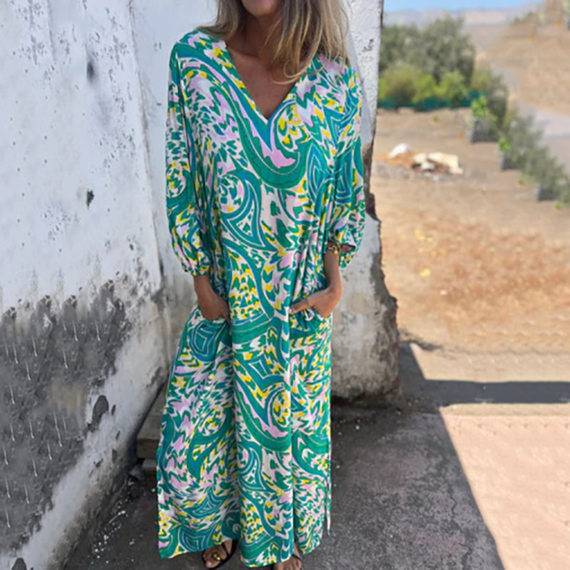 Lowri | Elegante Lange Jurk met V-Hals en Zakken